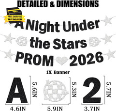 Prom 2026 Decorations Banner Set – Black Silver Glitter a Night under the Stars
