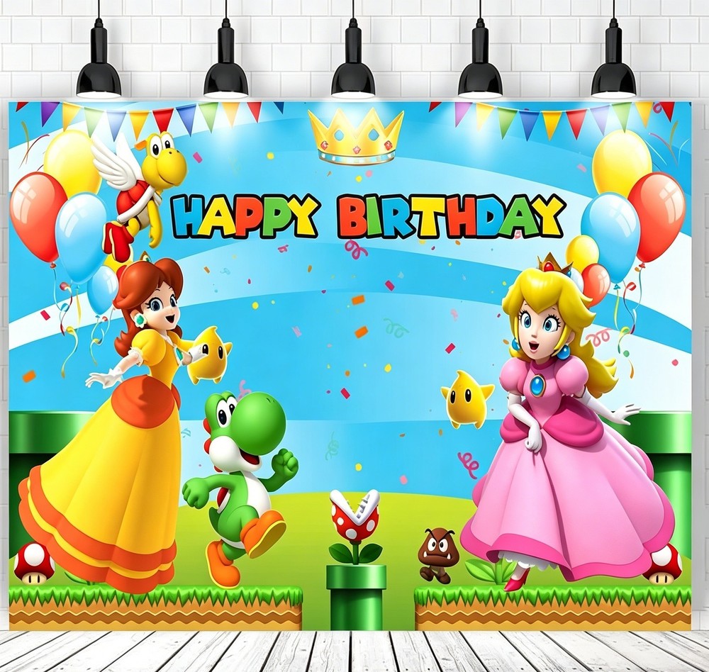 Super Mario Theme Peach Princess Backdrop Banner Birthday Party Photo Decoraions