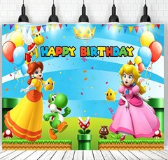 Super Mario Theme Peach Princess Backdrop Banner Birthday Party Photo Decoraions