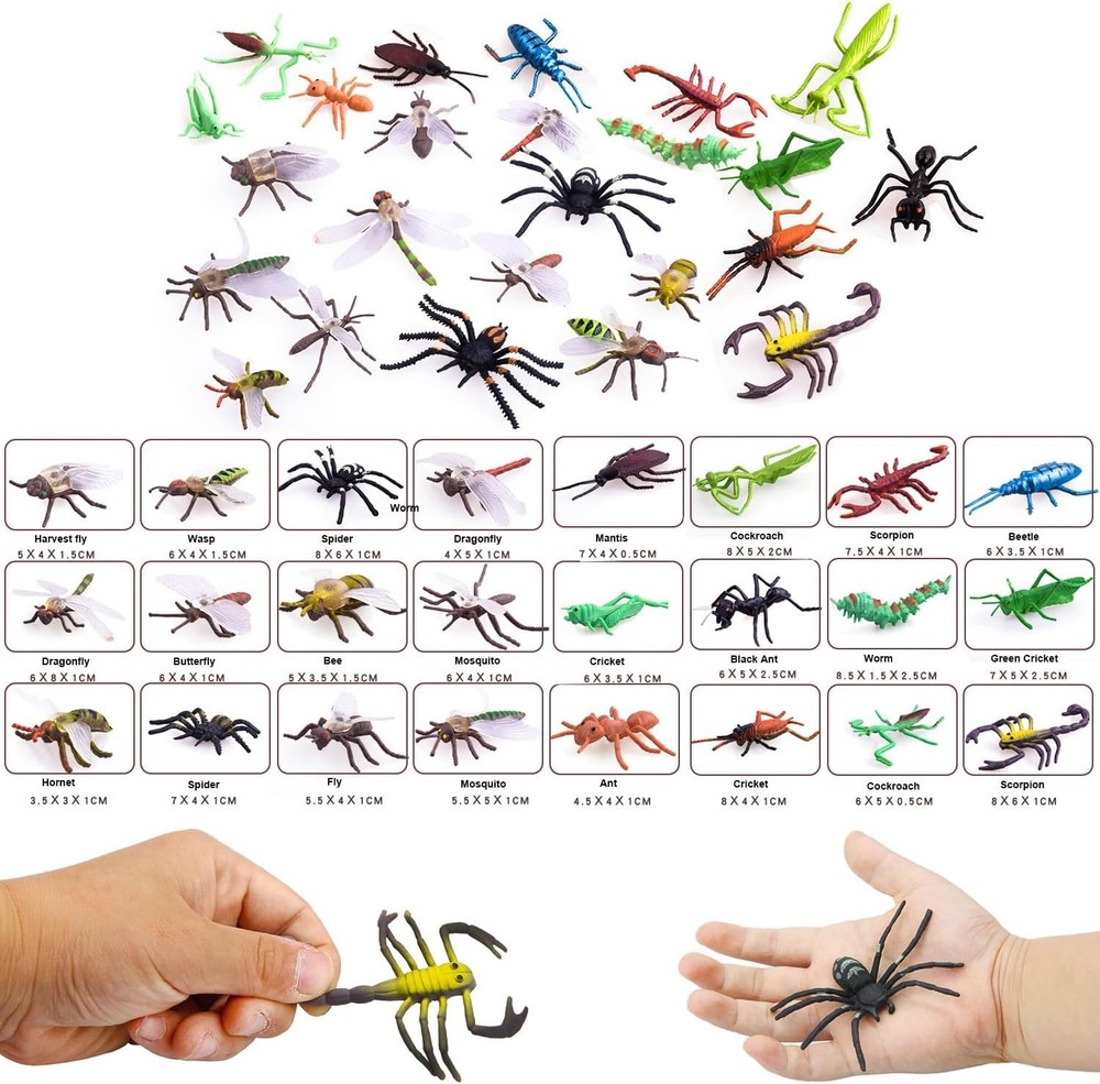 Insect Toy Figures for Kids – 24pcs, 2-4′ Fake Bugs – Spiders, Cockroaches, Scor