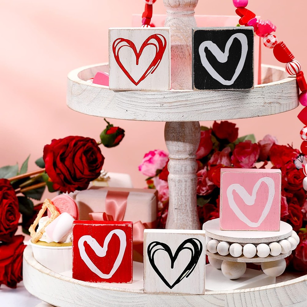 5 PCS Valentine Tiered Tray Decor Double Side Rustic Heart Block Centerpiece