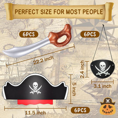 18 Pcs Funny Pirate Party Set- Include 6 Pirate Hats, 6 Eye Patches, 6 Inflatabl