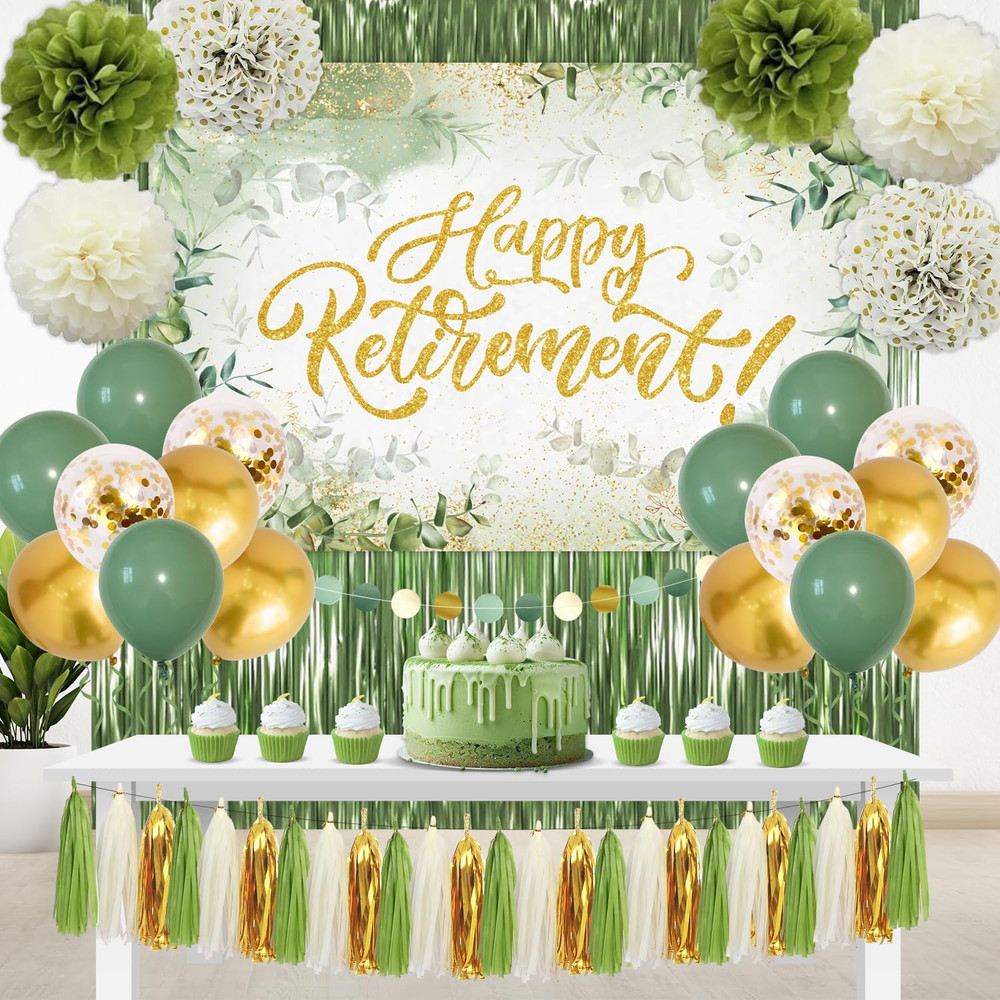 Sage Green Retirement Party Decorations – Happy Retirement Banner, Foil Curtains