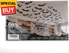 60PCS Halloween Bats Decoration, 4 Different Sizes Realistic PVC Black 3D Scary