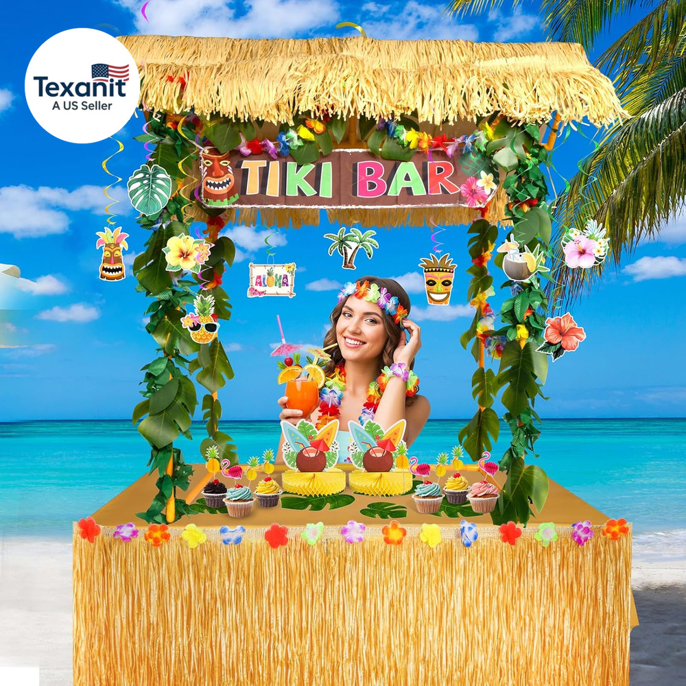 Abundant Tiki Bar Hut Kit, Portable Outdoor Tiki Bar Decor with Hawaiian Leis, H