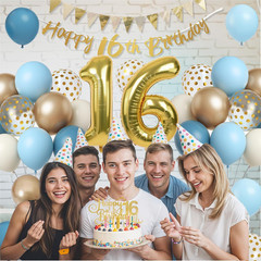 Sweet 16Th Birthday Decorations for Boys Girls, Dusty Blue Cream White Gold 16