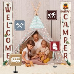 14Pcs Camping Party Decorations Set Welcome Happy Camper Porch Banner Sign Su…