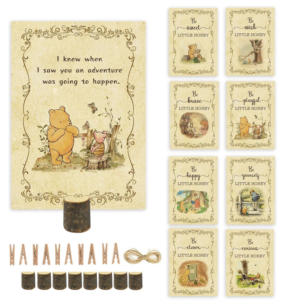 8 PCS Winnie Pooh Baby Shower Centerpiece Cards Wooden Stand Party Decor Set