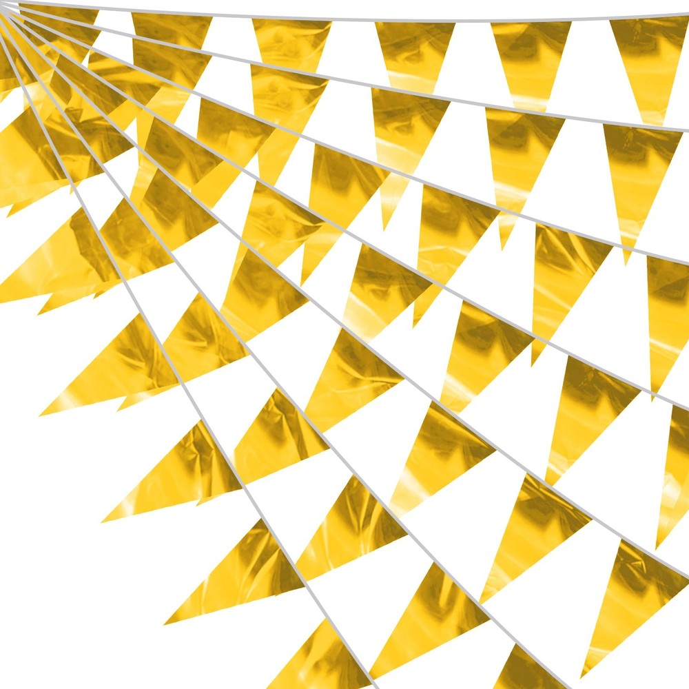 130FT Gold Glitter Triangle Pennant Banner Flag Metallic Bunting Fabric Garla…