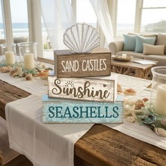 4-Piece Rustic Beach Summer Decor Set – Colorful Wooden Tabletop Centerpieces