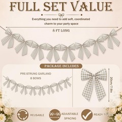 8 ft Beige Gingham Bow Garland Decorations Natural Plaid Fabric Bow Banner Ha…