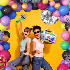 80s 90s Theme Party Decorations, 90Pcs Balloon Garland Kit 6PCS Disco Ball Radio
