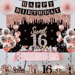 16Th Birthday Decorations for Girls, 33Pcs Sweet 16 Crown and Sash, Black Rose G