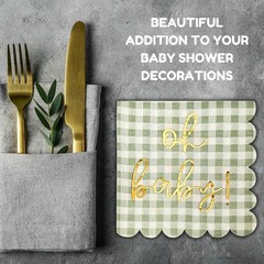 Oh Baby’ Baby Shower Decorations, 50 Pack, Gold Oh Baby Napkins in Plaid Sage