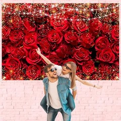 Happy Valentine’s Day Banner Backdrop – 73 x 43 Inch Large Size Red Rose