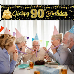 Happy 90Th Birthday Banner Decorations for Women Men, Black Gold 90 Birthday Yar