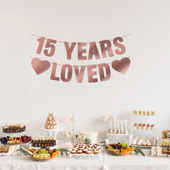 15th Birthday Party Decorations for Girls, Pre-Strung 15 YEARS LOVED Banner – Ro