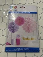321 Party 3 Count Decorative Tissue Kit Flutter, Honeycomb Ball Mini Fan Pink