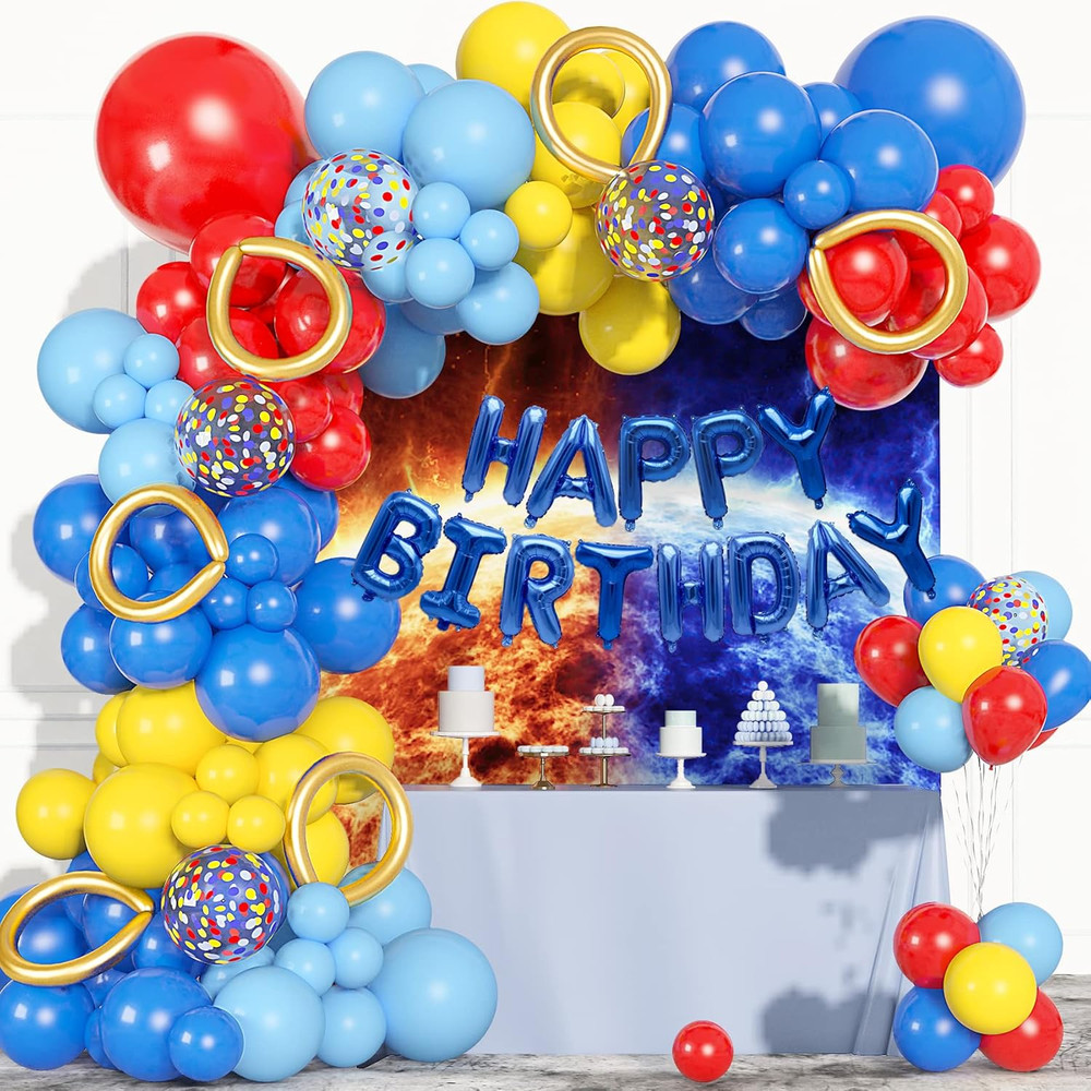 123Pcs Red Yellow Blue Balloons Garland Includes Foil Confetti Mixed Sizes Latex