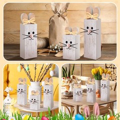 3 PCS Easter Table Decor Bunny Wooden Tiered Tray Rabbit Block Sign Shelf
