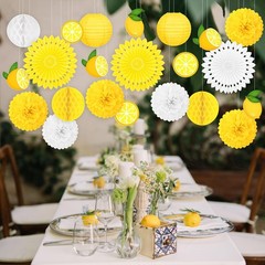 22pcs Summer Lemon Party Decorations – Yellow Hanging Paper Fans, Pom Poms, L…