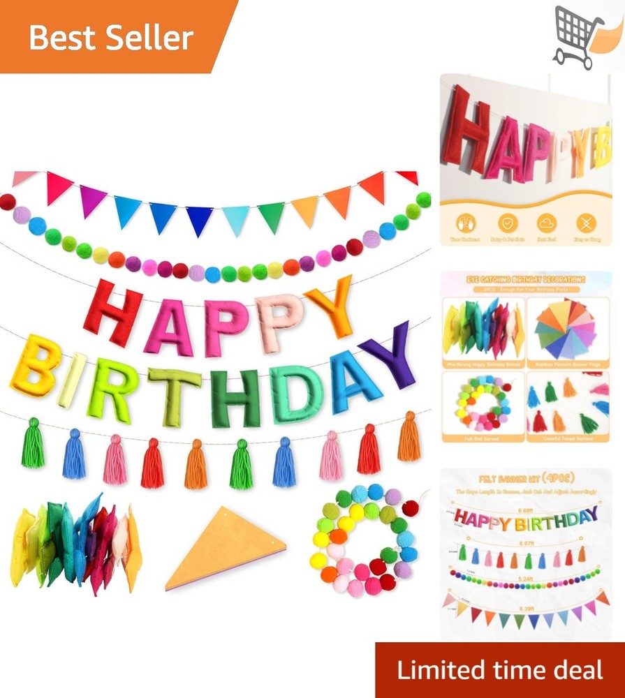 Felt Birthday Banner and Garland 4PCS Rainbow Party Decorations for Kids Adults