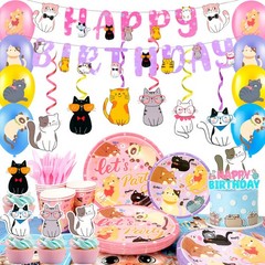 159Pcs Cat Party Decoration Kitty Birthday Balloon Cake Topper Tablecloth Banner
