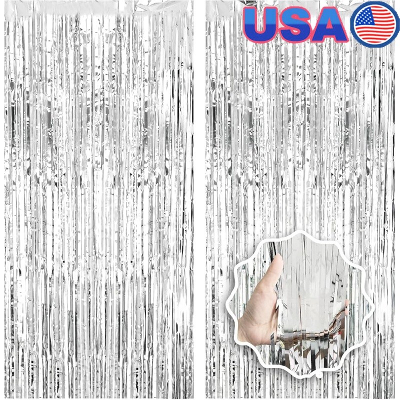 2 Pack Silver Tinsel Foil Curtain Backdrop Party Decorations Photo Booth Props