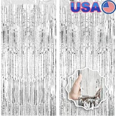 2 Pack Silver Tinsel Foil Curtain Backdrop Party Decorations Photo Booth Props