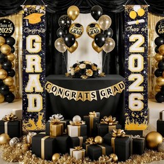 Blcak & Gold Graduation Decorations 2026 – 2 Pack Large Hanging Banners “Clas…
