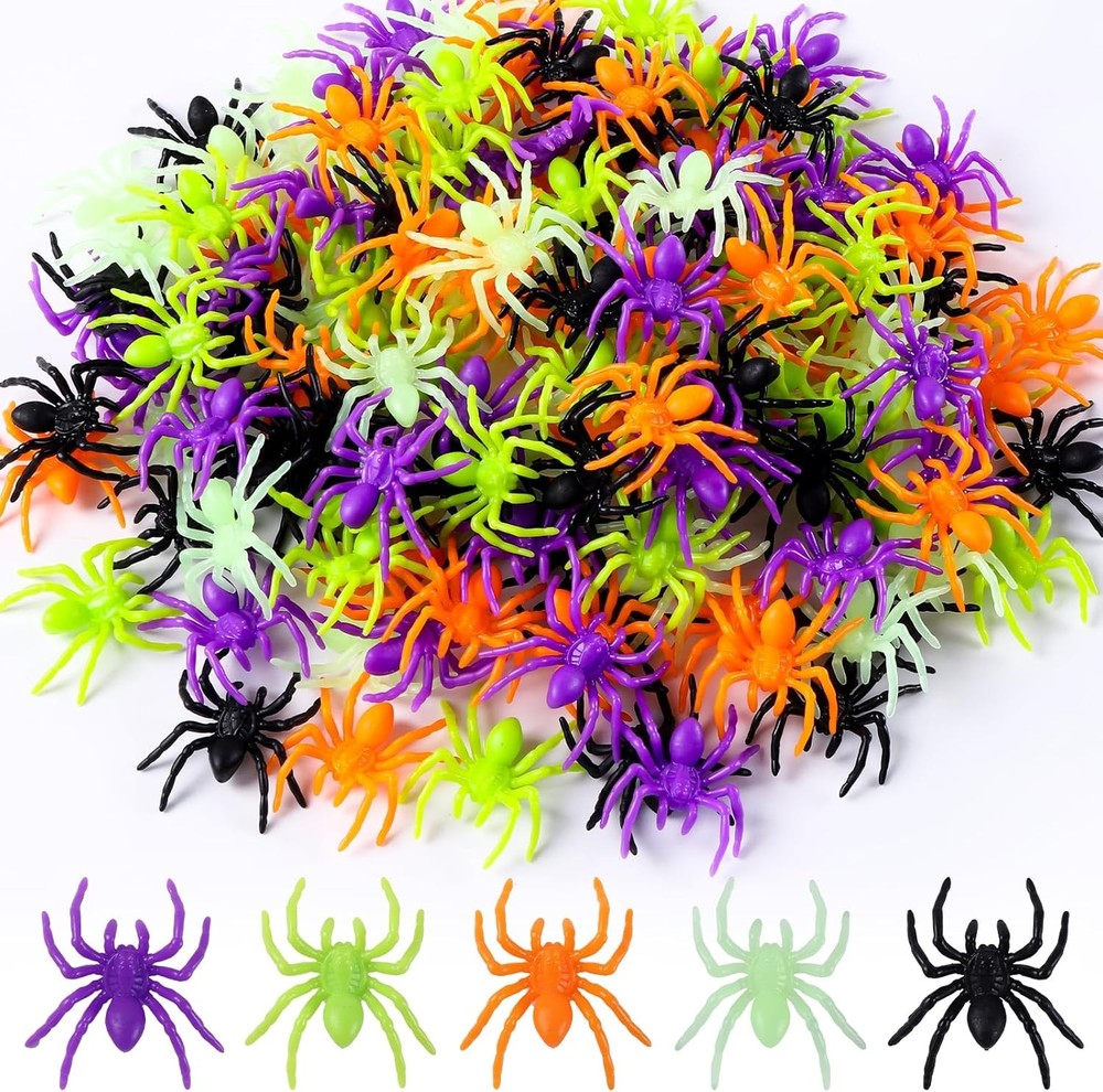 150 PCS Glow in the Dark Plastic Spider Decorations – Halloween Party Supplies