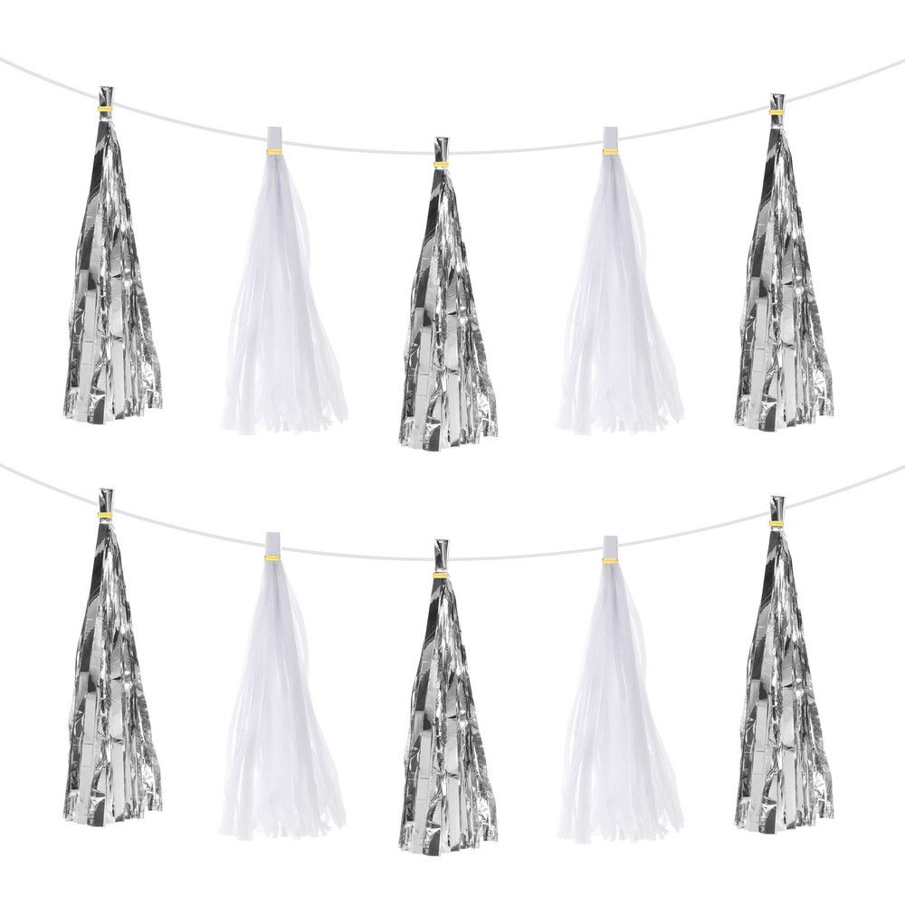 20Pcs Bright Silver White Tassel Garland Banner with Rope