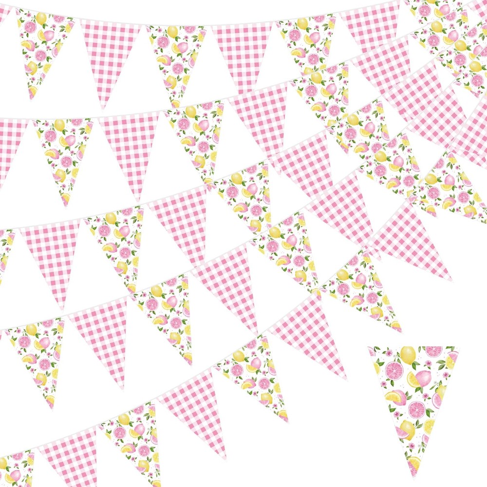 5 Pcs 49 ft Lemon Gingham Banner Pink Yellow Lemonade Checkered Party Decorat…