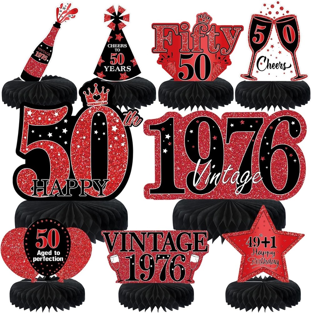 9Pcs 50Th Birthday Decorations Red and Black 50Th Birthday Party Decorations for