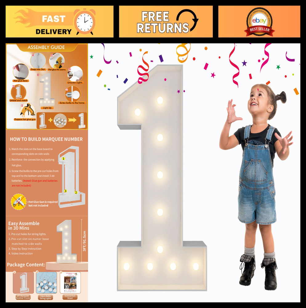 3FT Light Up Numbers & Letters, DIY Marquee Decor for Birthdays, Weddings & Anni