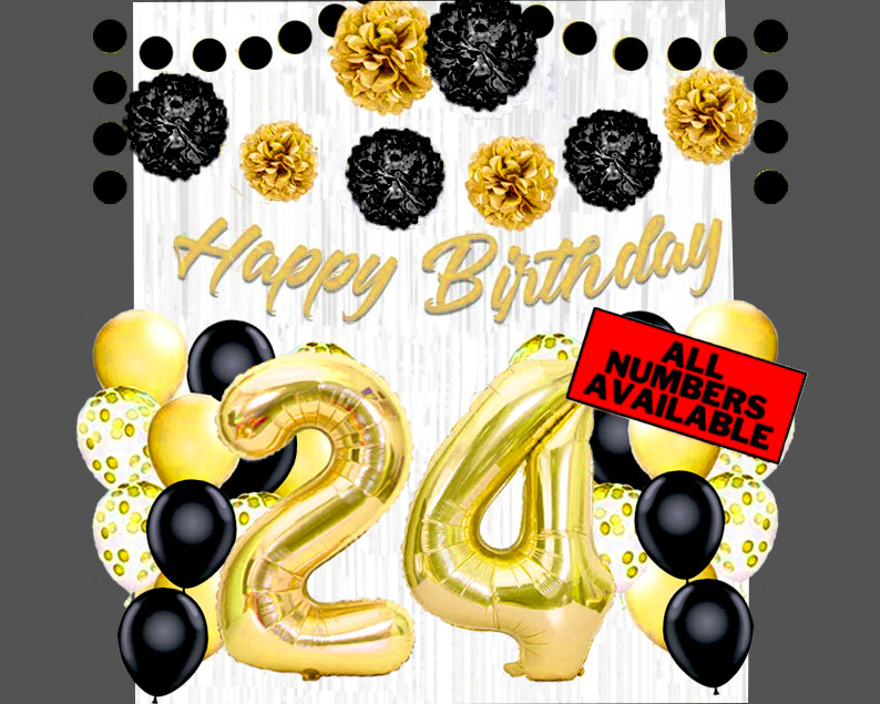 Gold & Black 24th Birthday Decorations – 40″ Number Balloons & More -Boy or Girl