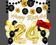 Gold & Black 24th Birthday Decorations – 40″ Number Balloons & More -Boy or Girl