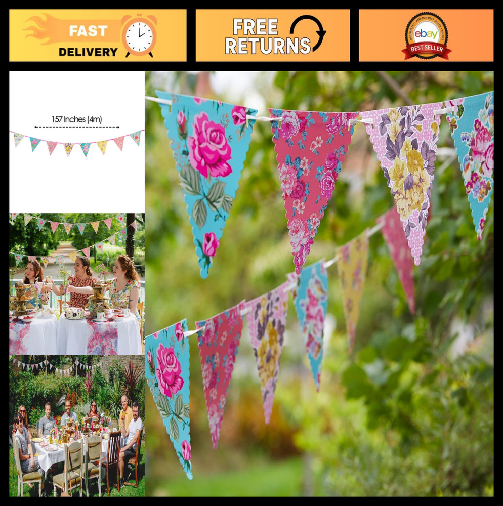 Vintage Floral Paper Bunting 13ft – Tea Party Decorations, Birthday & Baby Showe