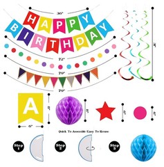 Colorful Birthday Decorations, Happy Birthday Banner with Honeycomb Balls, St…