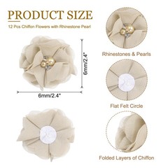 12Pcs 2″ Chiffon Flowers with Rhinestone Pearl Sewing Fabric Flowers Beige,