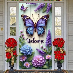Welcome Butterfly Door Cover Spring Summer Door Banner Decorations Hydrangea…