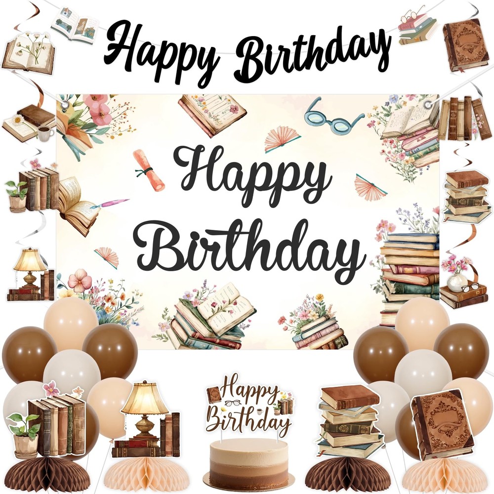 Vintage Brown Book Decorations Set – Storybook Happy Party Balloon, Banner, C…