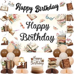 Vintage Brown Book Decorations Set – Storybook Happy Party Balloon, Banner, C…