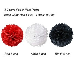 18 Pack Tissue Paper Pom Poms Flower Ball Birthday Red Black White