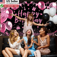 Pink & Black Happy Birthday Banner Backdrop 6×3.6ft Decorations Men Women Kids