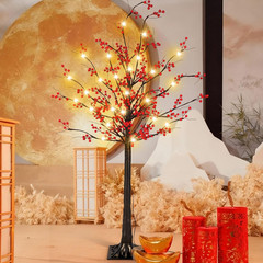 5 Ft Lighted Lunar New Year Tree with 80 LED Red Berry Decor for Home