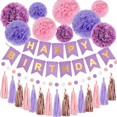 Purple Pink Birthday Decoration Set with Banner, Pompoms, Tassel for Party Decor