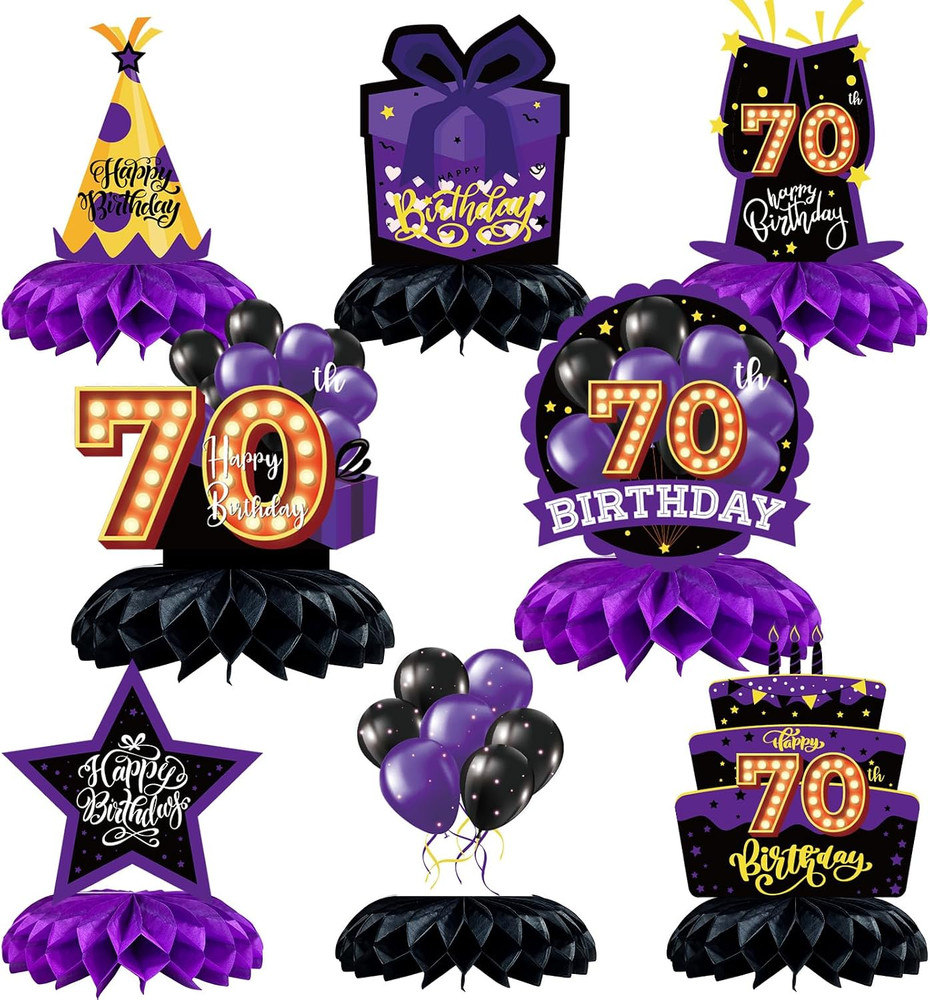 8Pcs 70Th Birthday Table Decorations Honeycomb Centerpieces Purple and Black 70T