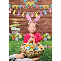 Spring Easter Photography Backdrop Wooden Board Green Grass Flower Egg 7ft x 5ft