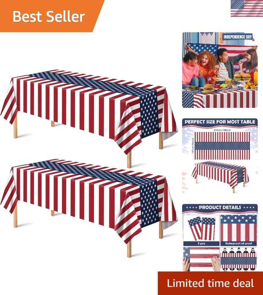 Disposable Patriotic Plastic Tablecloths – 2 Pack, 54» x 108» for Easy Cleanup